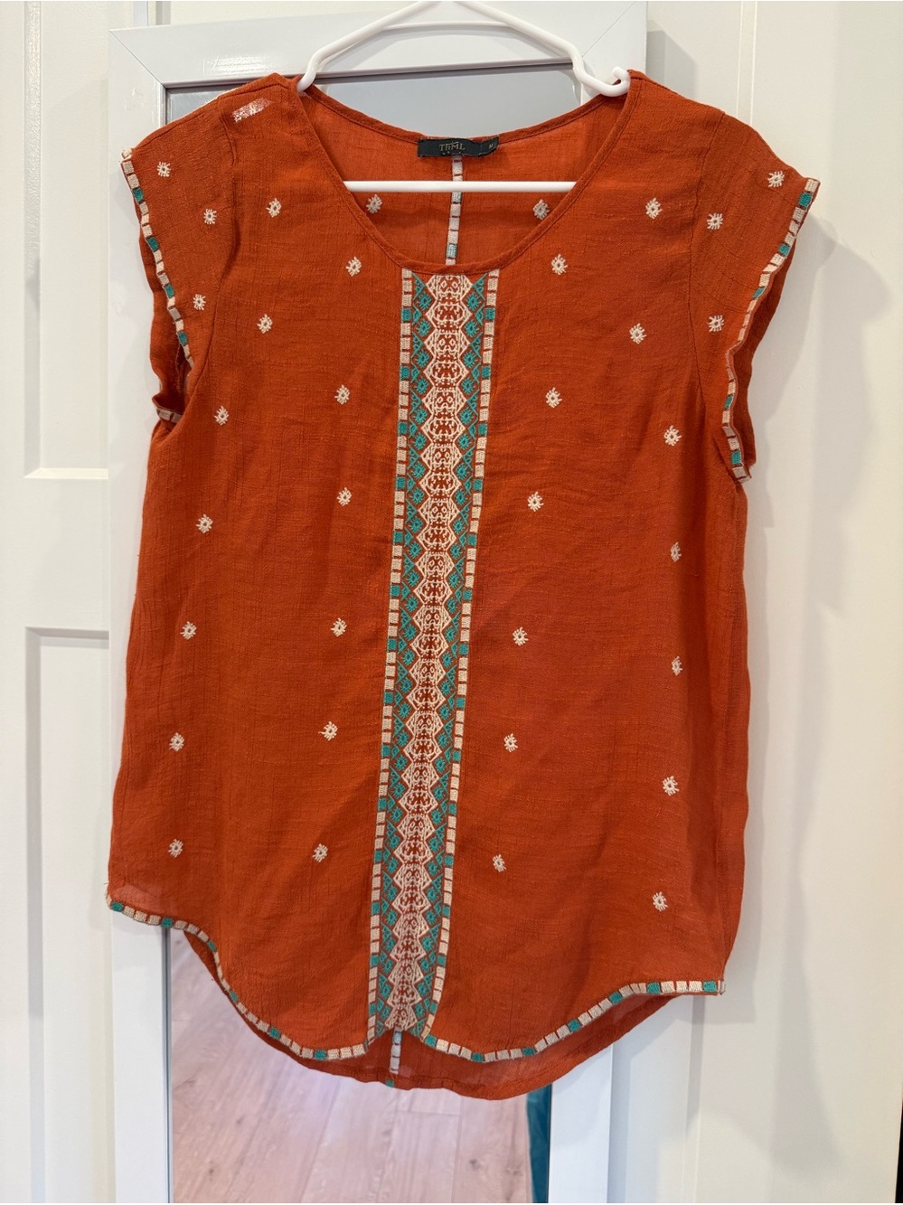 THML Anthropologie rust-orange sleeveless blouse geometric embroidery size M